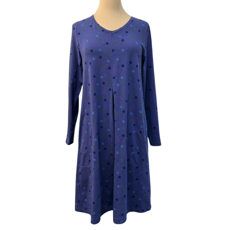 Gudrun Sjödén Dress<br />
Cherry Print With Pockets<br />
Organic Cotton Blend<br />
V-Neck with Long Sleeves<br />
Purple with Aqua, Moss and Navy<br />
Size: Small