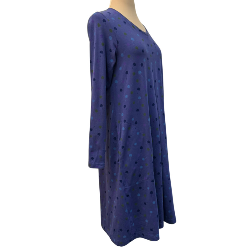 Gudrun Sjödén Dress<br />
Cherry Print With Pockets<br />
Organic Cotton Blend<br />
V-Neck with Long Sleeves<br />
Purple with Aqua, Moss and Navy<br />
Size: Small