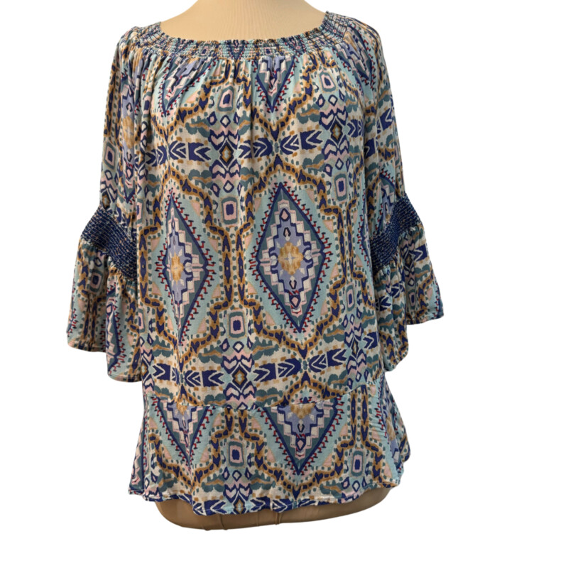 Democracy Peasant Top<br />
Bell Sleeves<br />
Blue, Aqua, Brown and White<br />
Size: Large