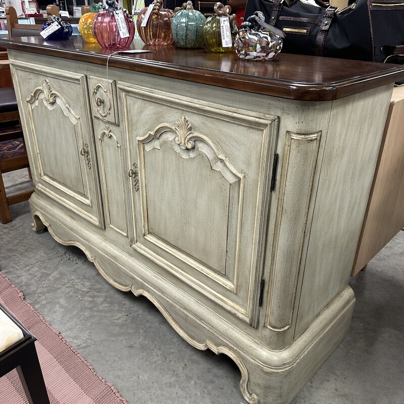 French Provincial Credenza, Sage Green and Brown
Size: 60x18x36