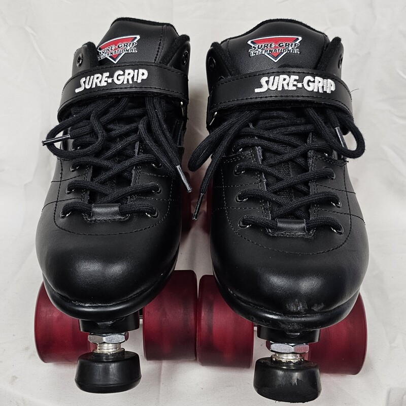 Sure-Grip International Rebel Quad Skates with Atom Wheels Pulse Outdoor Wheels, Black Boots, Red Wheels, Size: 11, Like New except for scuff on left toe.