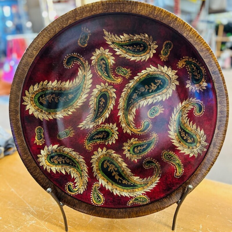 Paisley Patterned Plate With Stand
Red Green Bronze Size: 19 x 21H