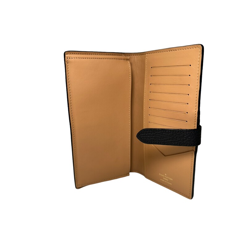 Louis Vuitton Capucines Bifold Wallet<br />
<br />
Dimensions:<br />
3.9 x 7.5 x 0.7 inches<br />
(length x Height x Width)<br />
<br />
Date Code: Chipped<br />
<br />
The LV Vertical wallet is an elegant design crafted from soft, grained Taurillon leather. It opens to reveal a contrasting lining, as well as eight card slots, a zipped coin pocket and a large, V-shaped slot for tickets and bills. This wallet features a distinctive sliding closure with an LV Initials accessory inspired by the iconic Capucines bag.