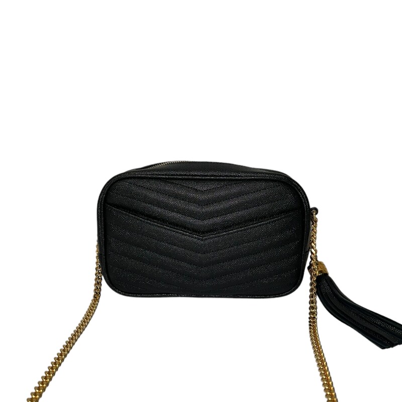 SAINT LAURENT Grain De Poudre Matelasse Monogram Mini Lou Camera Bag in Black. This shoulder bag is crafted of chevron-quilted calfskin leather in black. The bag features a gold chain link shoulder strap with a leather shoulder pad, and a matching gold YSL monogram detail on the front. The tasseled wrap-around zipper opens to a compact black leather interior with card slots.
Style Code: GNC 612579
Dimensions:
 Length: 7.5 in
Height: 4.75 in
Width: 1.75 in
Drop: 22 in