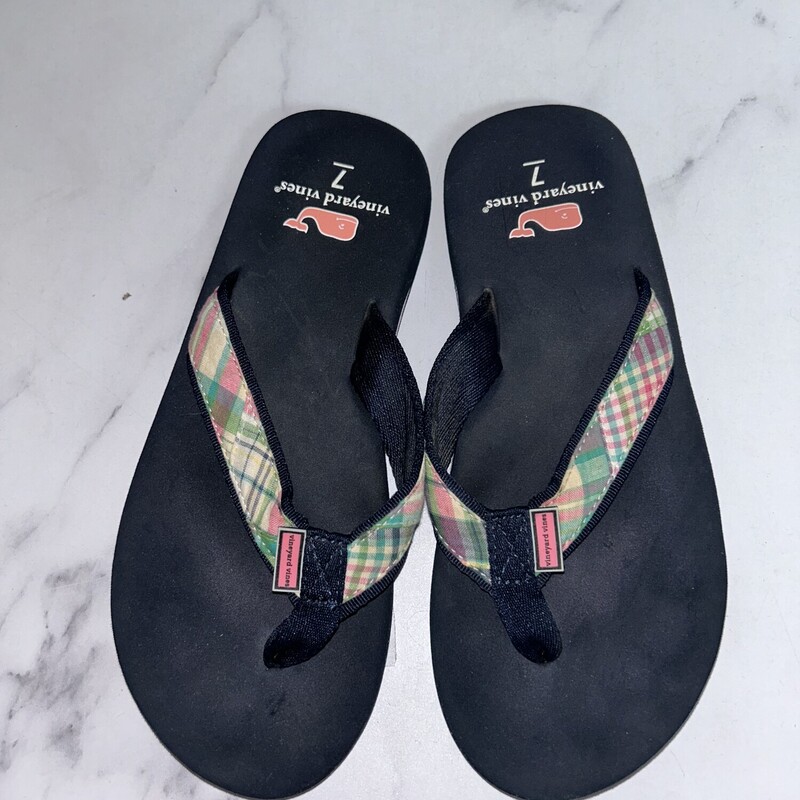 A7 Plaid Strap Flip Flops, Navy, Size: Shoes A7