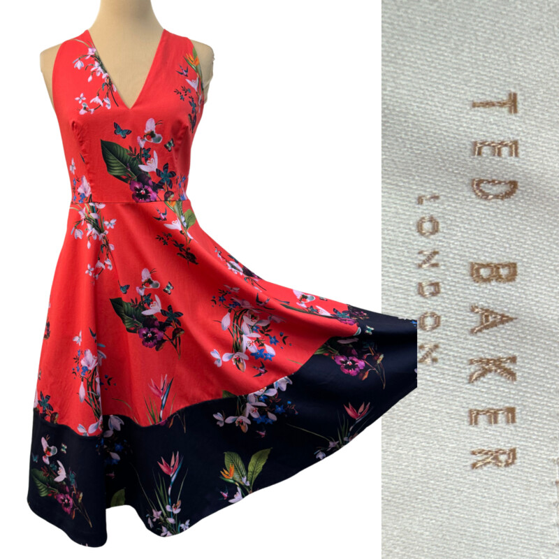 Ted Baker Eselle Floral Dress
Butterfly and Flower Print
Adjustable Straps
Cotton Blend
With Pockets
Color:  Geranium Red, Navy, and Colorful Flowers and Butterflies
Size: US Size: 8-10 Ted Baker Size: 4