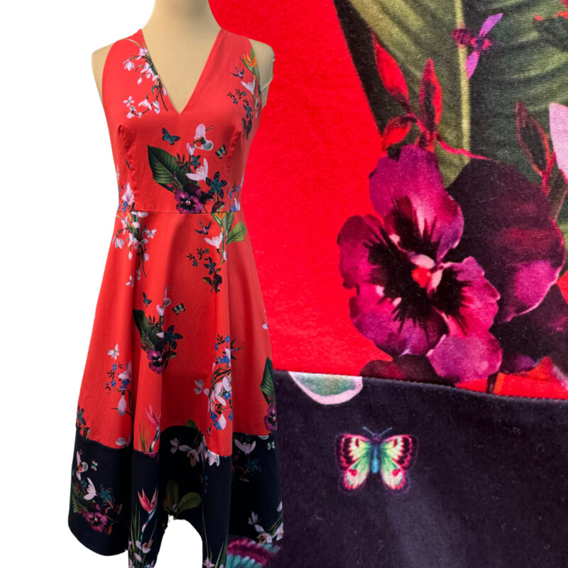 Ted Baker Eselle Floral Dress<br />
Butterfly and Flower Print<br />
Adjustable Straps<br />
Cotton Blend<br />
With Pockets<br />
Color:  Geranium Red, Navy, and Colorful Flowers and Butterflies<br />
Size: US Size: 8-10 Ted Baker Size: 4