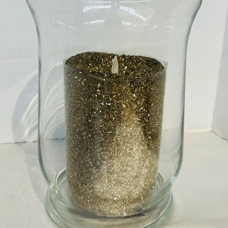 Glitter Luminara Candle in Curved Glass Hurricane
with Remote
Gold Clear
Size: 6 x 8H