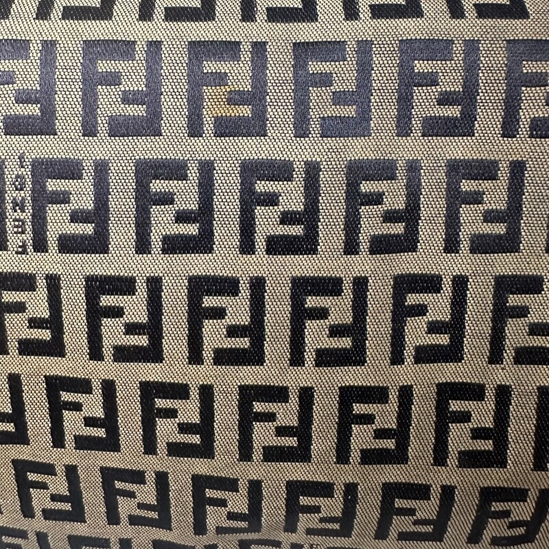 Fendi Tote<br />
Blue Canvas<br />
Printed<br />
Zucchino FF Logo<br />
Silver-Tone Hardware<br />
Leather Trim<br />
Flat Handles & Dual Shoulder Straps<br />
Leather Trim Embellishment<br />
Satin Lining & Single Interior Pocket<br />
Snap Closure at Top<br />
Date Code/Serial Number: 83158790012<br />
Dimensions:: Length: 18.5 Width: 5.5 Height: 10.5<br />
Minor brown spot on bottom of bag