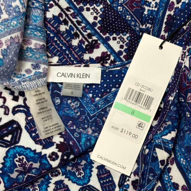 NEW Calvin Klein Dress<br />
Boho Chic<br />
Color: Blue, Purple, Navy, Gray, and White<br />
Size: 8<br />
100% Rayon