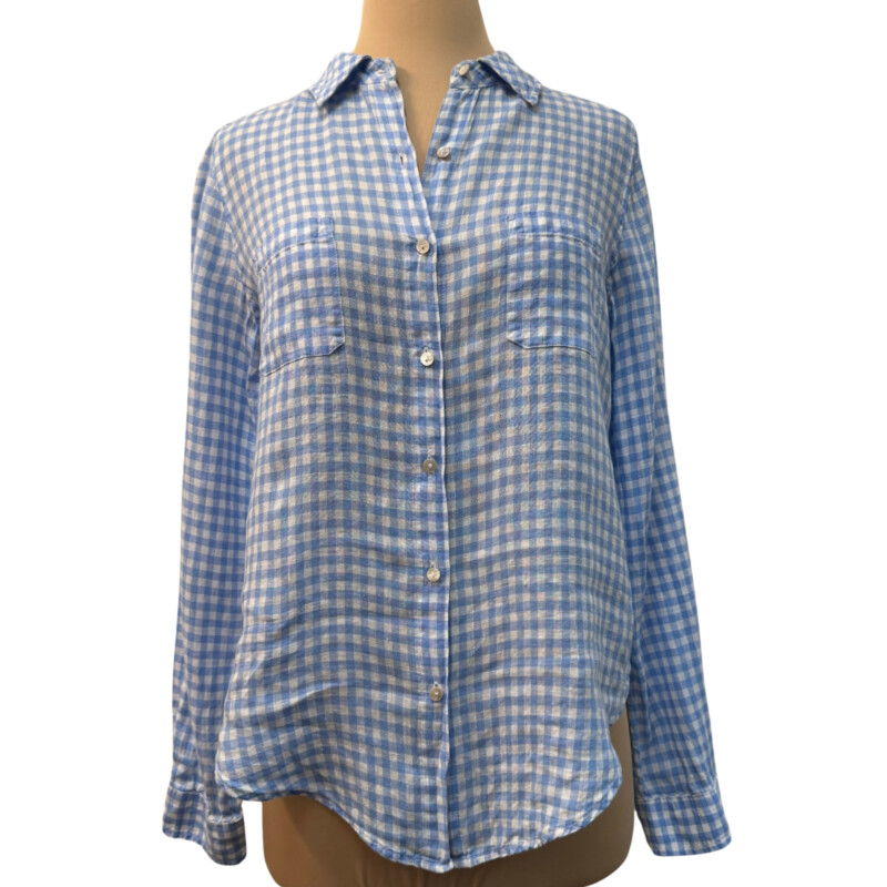 Lilly Pulitzer Gingham Shirt<br />
Color: Blue and White<br />
Size: XS<br />
100% Linen