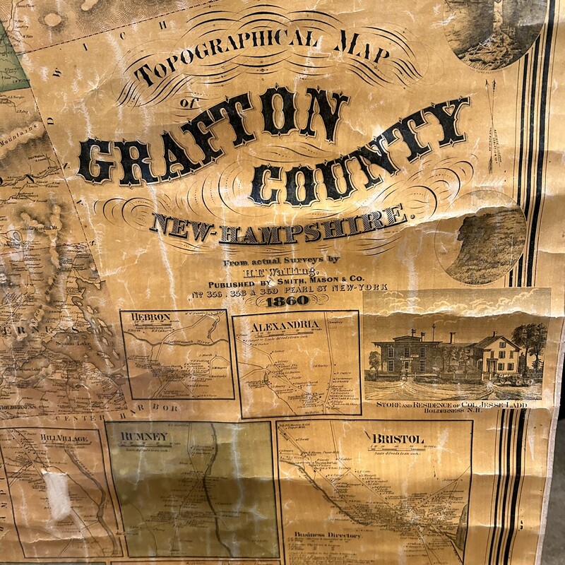 1860 Grafton County Map
Size: 62x62
If you like history, this map is for you!!  The topographical map was published by Smith, Mason & Co. in New York.  The vingnettes include Pemigewasset House, Plymouth, Vails Water Cure Intitute, Hill and much more... The inserts include Plymouth, Holderness, Rumney, Campton and many more!  There are some areas that show their age, but it is in overall good shape.  Mounted on two black painted rods and has two loops to hang it with.  Great piece of history!!