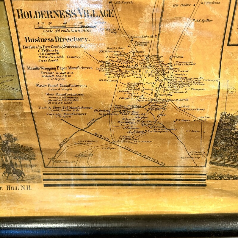 1860 Grafton County Map<br />
Size: 62x62<br />
If you like history, this map is for you!!  The topographical map was published by Smith, Mason & Co. in New York.  The vingnettes include Pemigewasset House, Plymouth, Vails Water Cure Intitute, Hill and much more... The inserts include Plymouth, Holderness, Rumney, Campton and many more!  There are some areas that show their age, but it is in overall good shape.  Mounted on two black painted rods and has two loops to hang it with.  Great piece of history!!