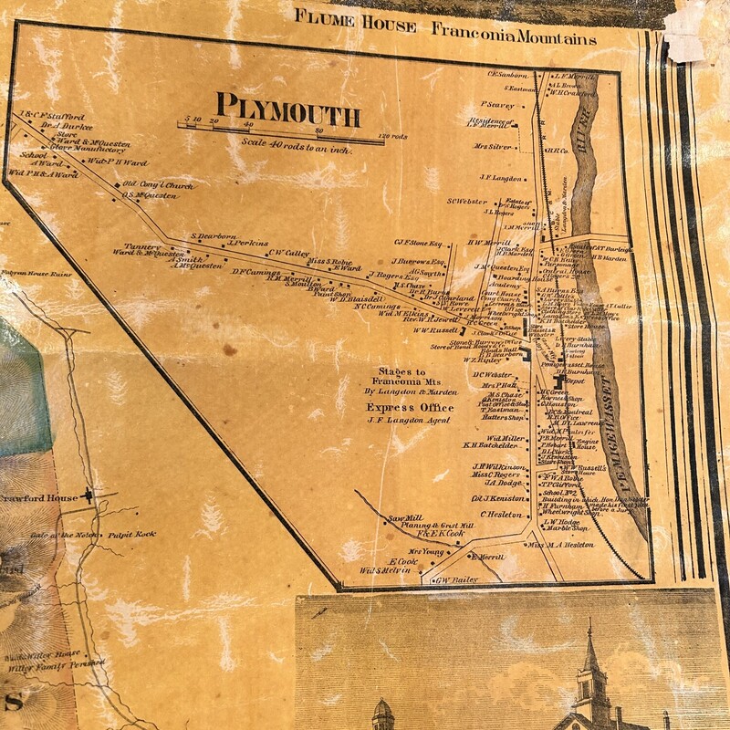 1860 Grafton County Map<br />
Size: 62x62<br />
If you like history, this map is for you!!  The topographical map was published by Smith, Mason & Co. in New York.  The vingnettes include Pemigewasset House, Plymouth, Vails Water Cure Intitute, Hill and much more... The inserts include Plymouth, Holderness, Rumney, Campton and many more!  There are some areas that show their age, but it is in overall good shape.  Mounted on two black painted rods and has two loops to hang it with.  Great piece of history!!