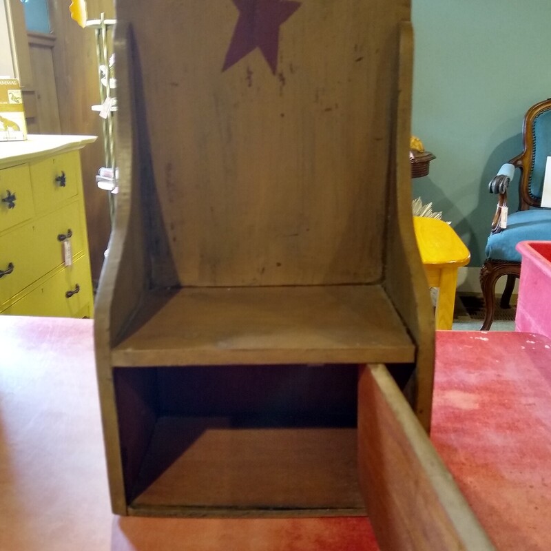 Primitive Shelf W/Drawer<br />
<br />
Primitive distressed shelf with a star at the top and bottom.  Shelf also has a drawer.<br />
<br />
Size: 8 in wide X 5 in deep X 15 in high