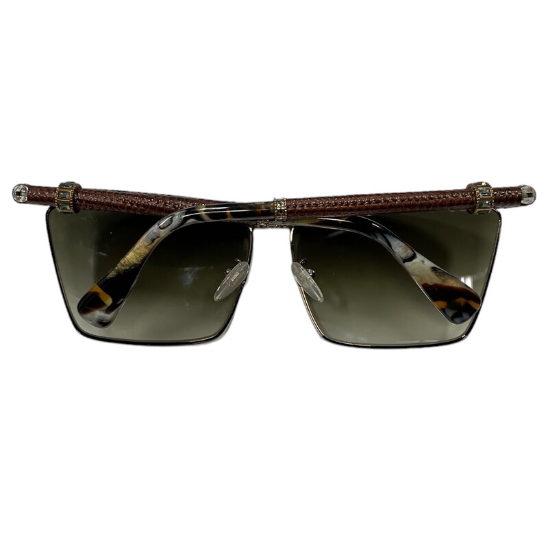 Lanvin SLN001 Textured<br />
<br />
Reptile Scales Framed Sunglasses<br />
Lenses have a gradient tint that starts dark at the top and gradually lightens towards the bottom<br />
The length of the temple pieces are 135 millimeters<br />
The width of the bridge of this frame is 13 millimeters<br />
The lens are 62 millimeters at the largest point<br />
Compatible with bi-focal, progressive lenses, or prescription lens installation<br />
Composed of metal like nickel, monel, or stainless steel to help give some durability and relative overall strength<br />
Fully rimmed along the edges<br />
<br />
Please Note: there are some faint, minor scratches on the lens