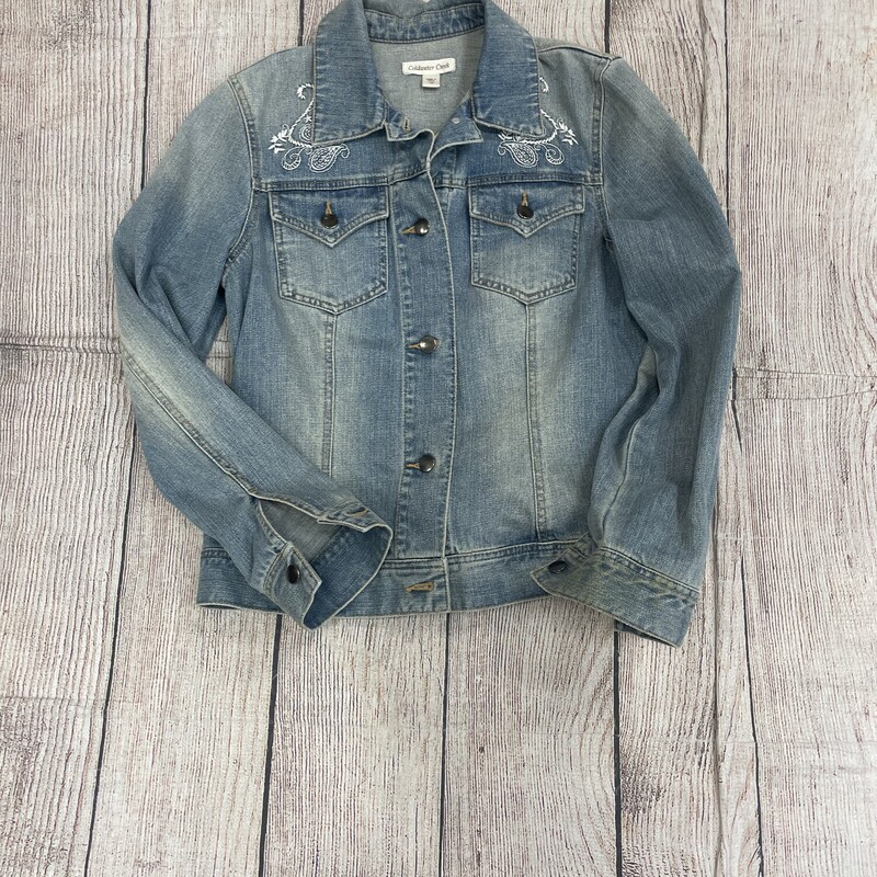 Coldwater Creek light denim jacket. This has cream embroidery on both shoulders and on the back. Size 10/Medium.