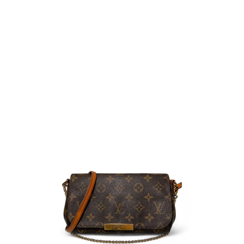 Louis Vuitton Favorite, Monogram, Size: PM
LOUIS VUITTON Monogram  Favorite PM. This stylish clutch is crafted of durable Louis Vuittoncoated canvas in brown. The bag features a short polished gold-toned chain strap, and a removable brown leather crossbody strap. The flap opens with a magnetic gold bar to a red canvas lining with a patch pocket.

Dimensions:
Base length: 8.5 in
Height: 5.5 in
Width: 2 in
Drop: 7.5 in
Drop: 21 in

Date Code: SD2157

Note:  Some sctraches on hardware