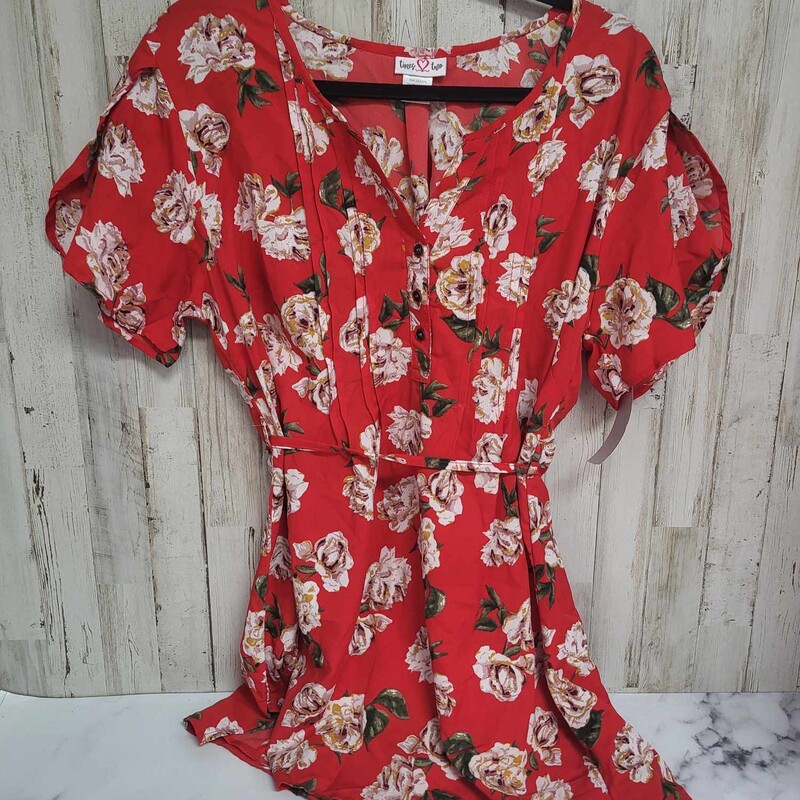 L Red Floral Button Top