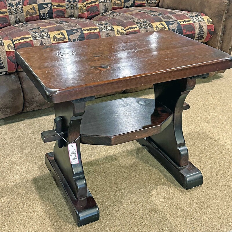 Dark Two Tier Pine Side Table
28 In Wide x 17.5 In Deep x 22 In Tall.