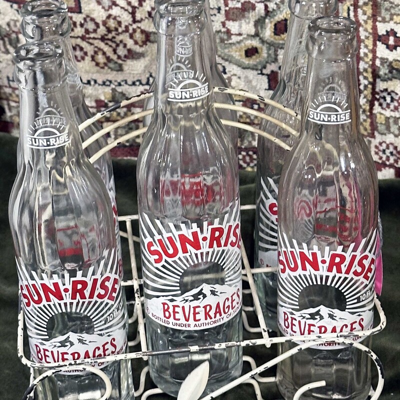 Six 1960s Sun-Rise Soda Bottles with Metal Carrier