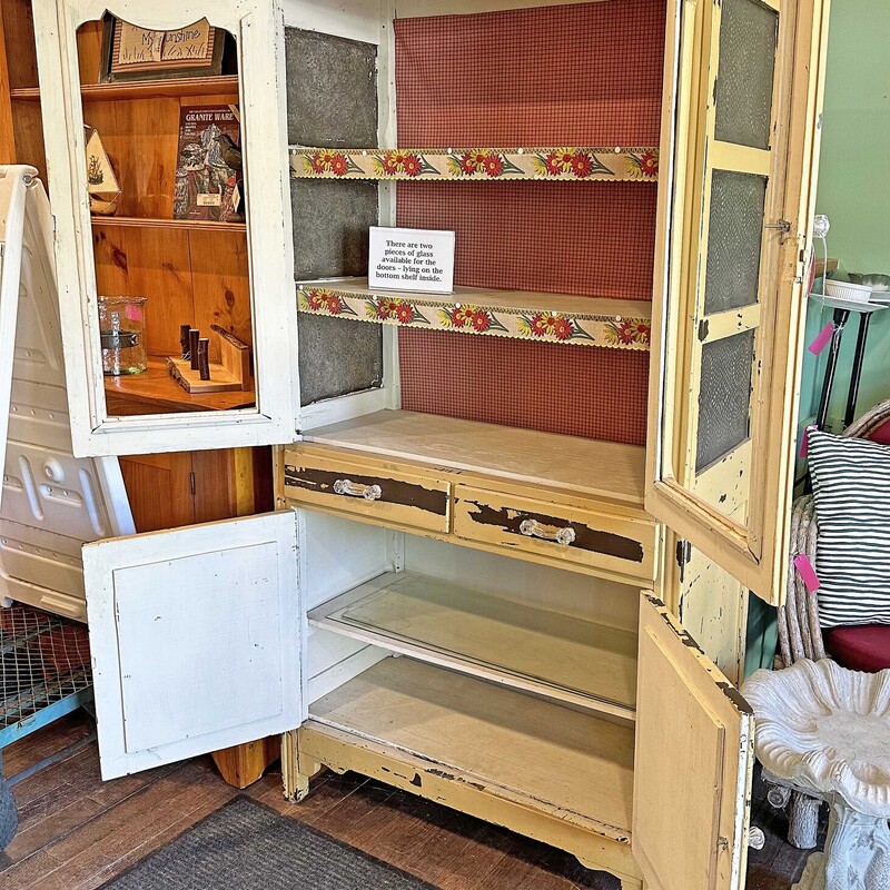 Gold Punched Tin Cupboard<br />
73.5 In Tall x 35 In Wide x 16.5 In Deep<br />
There are two glass pieces for the doors available, but not shown in photo.