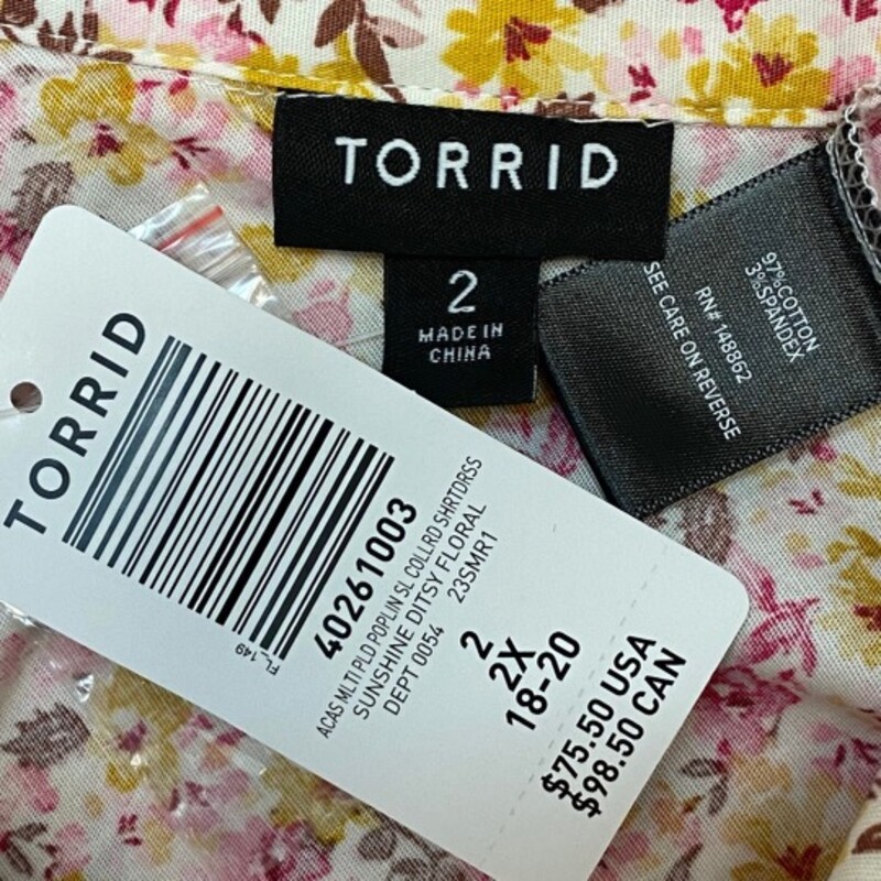 NEW Torrid Floral Dress<br />
Cotton Blend<br />
Belted Waist<br />
Pink, White, Brown and Yellow<br />
Size: 2X