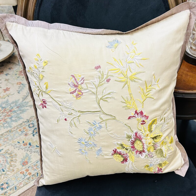 Silk Embroidered Floral Down Pillow
Cream Brown Green Yellow White Purple
Size: 18  x 18