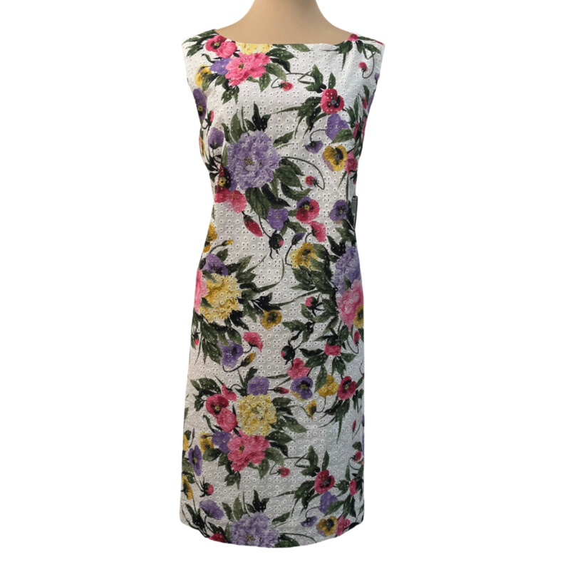 New Tahari Botanical Blooms Eyelet Dress<br />
100% Cotton<br />
Sleeveless with Zipper Back<br />
White with Pink, Purple, Green and Yellow<br />
Size: 16