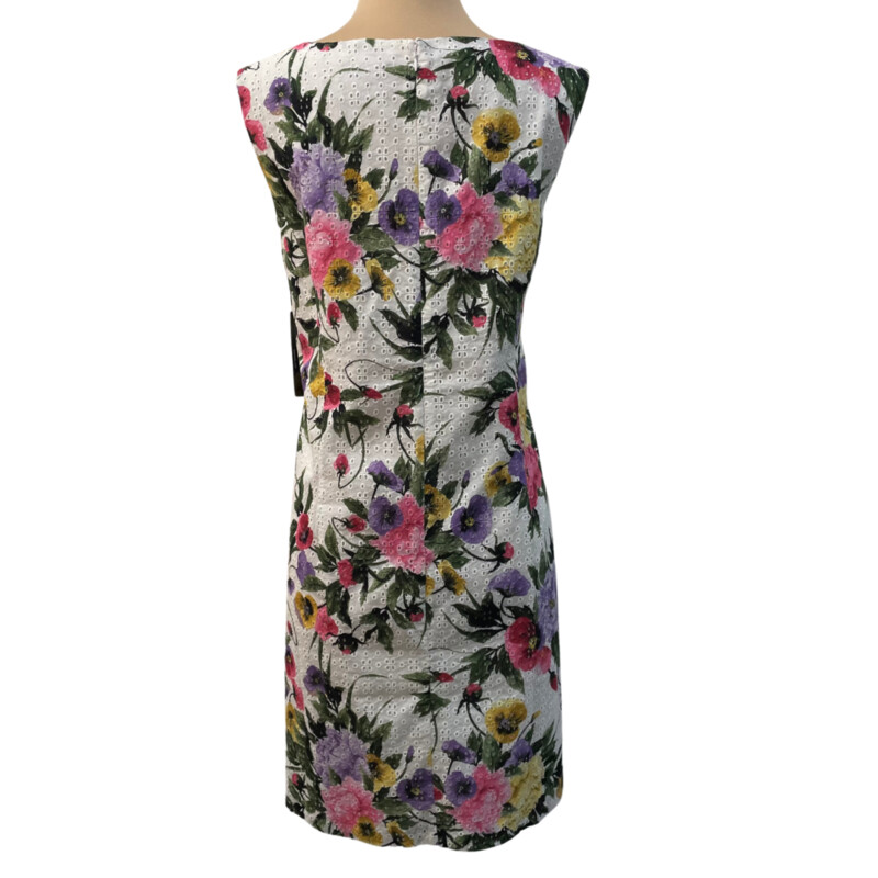 New Tahari Botanical Blooms Eyelet Dress<br />
100% Cotton<br />
Sleeveless with Zipper Back<br />
White with Pink, Purple, Green and Yellow<br />
Size: 16