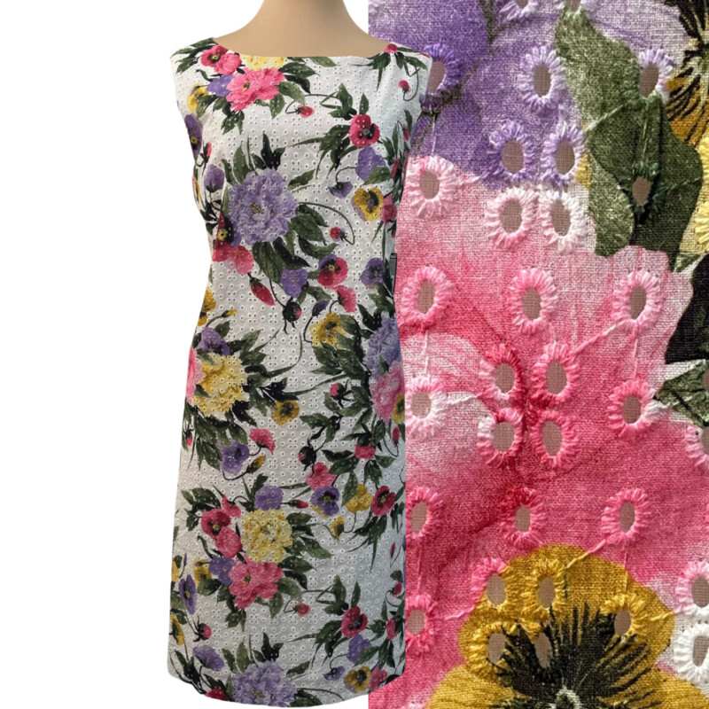 New Tahari Botanical Blooms Eyelet Dress
100% Cotton
Sleeveless with Zipper Back
White with Pink, Purple, Green and Yellow
Size: 16