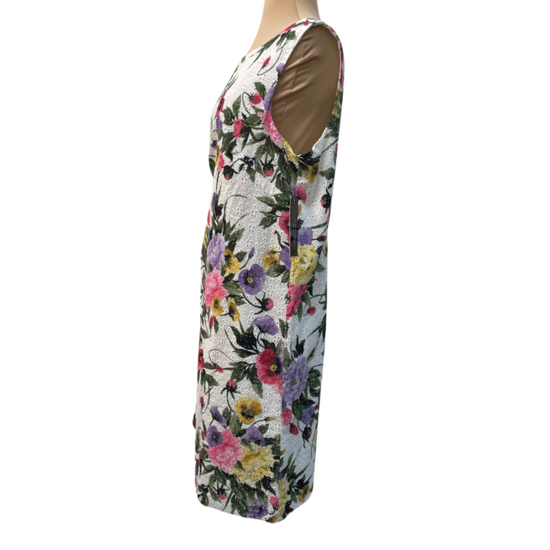 New Tahari Botanical Blooms Eyelet Dress<br />
100% Cotton<br />
Sleeveless with Zipper Back<br />
White with Pink, Purple, Green and Yellow<br />
Size: 16