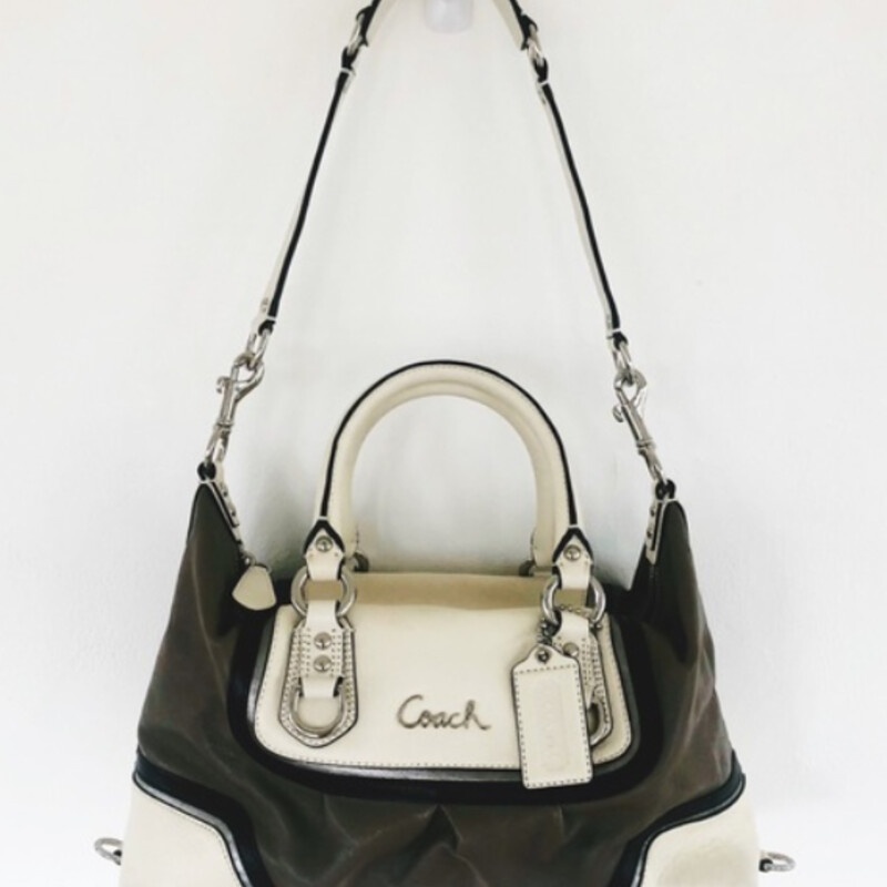 Coach Ashley Leather Satchel Handbag
Taupe Cream Black Silver Size: 13 x 8H