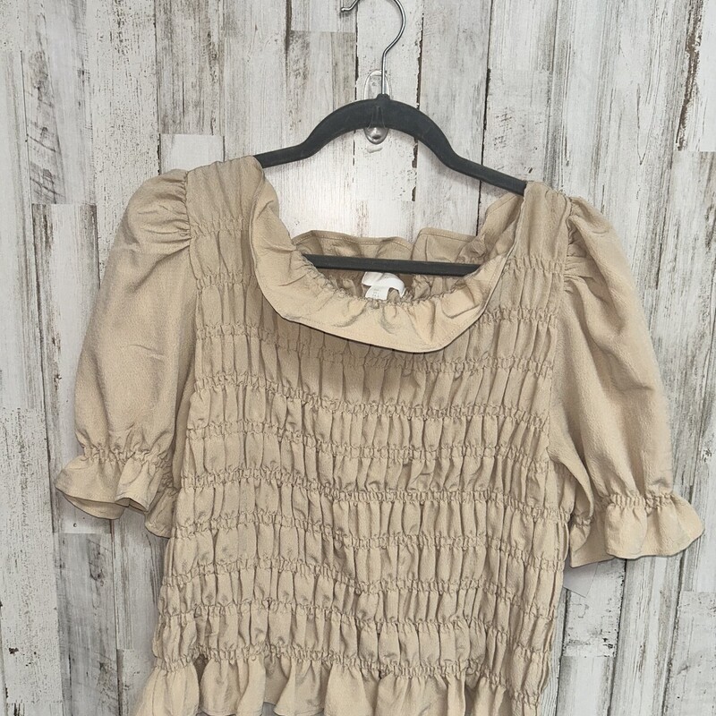 L Tan Smocked Ruffle Top