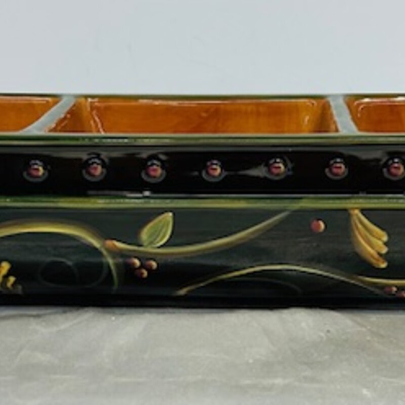 Chocolate Berries by Demdaco
 Three Section Dish
Orange Black Green Maroon
Size: 14 x 4.5 x 3H