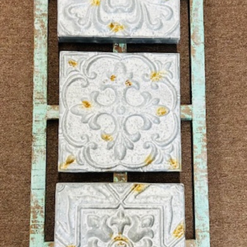 3 Galvanized Flowers in Wood Panel
Teal Silver Brown Size: 14 x 36H