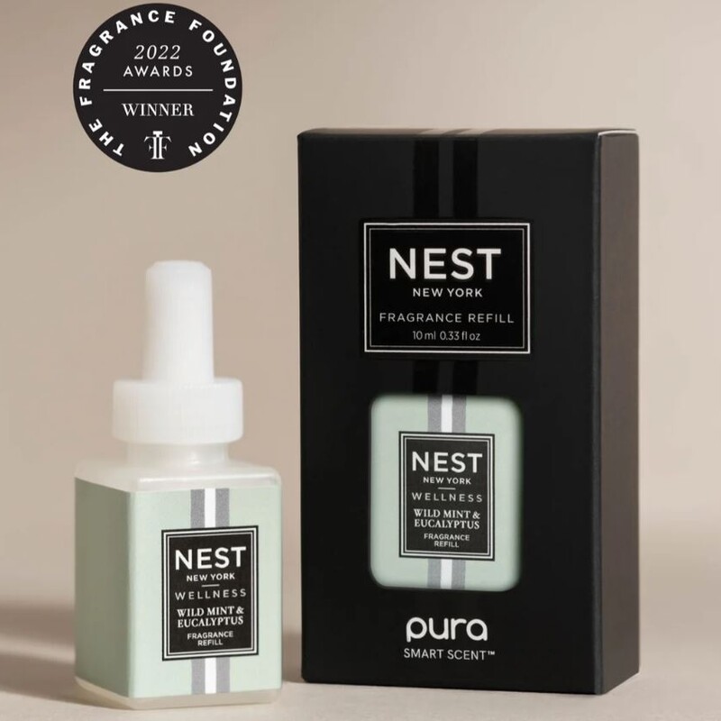 Pura Wall Diffuser With 3 NEST Scent Refills<br />
White Black Size: 3.5 x 3.5H<br />
Diffuser Retails: $49.99<br />
Each scent retails: $15.99 each<br />
Scents: 2 Amalfi Lemon & Mint, 1 Wild Mint & Eucalyptus