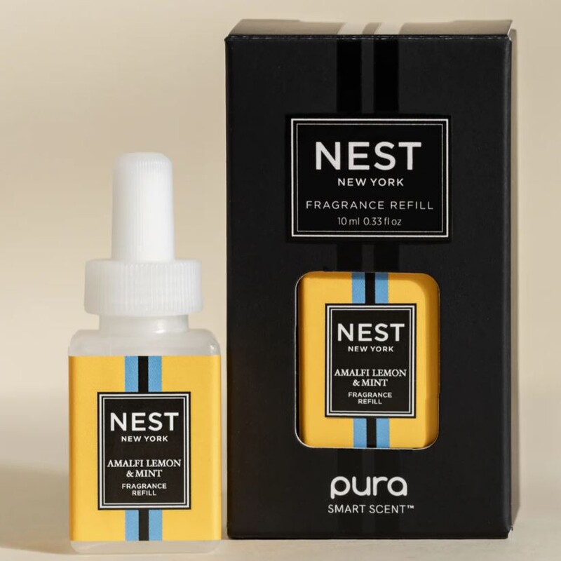 Pura Wall Diffuser With 3 NEST Scent Refills
White Black Size: 3.5 x 3.5H
Diffuser Retails: $49.99
Each scent retails: $15.99 each
Scents: 2 Amalfi Lemon & Mint, 1 Wild Mint & Eucalyptus