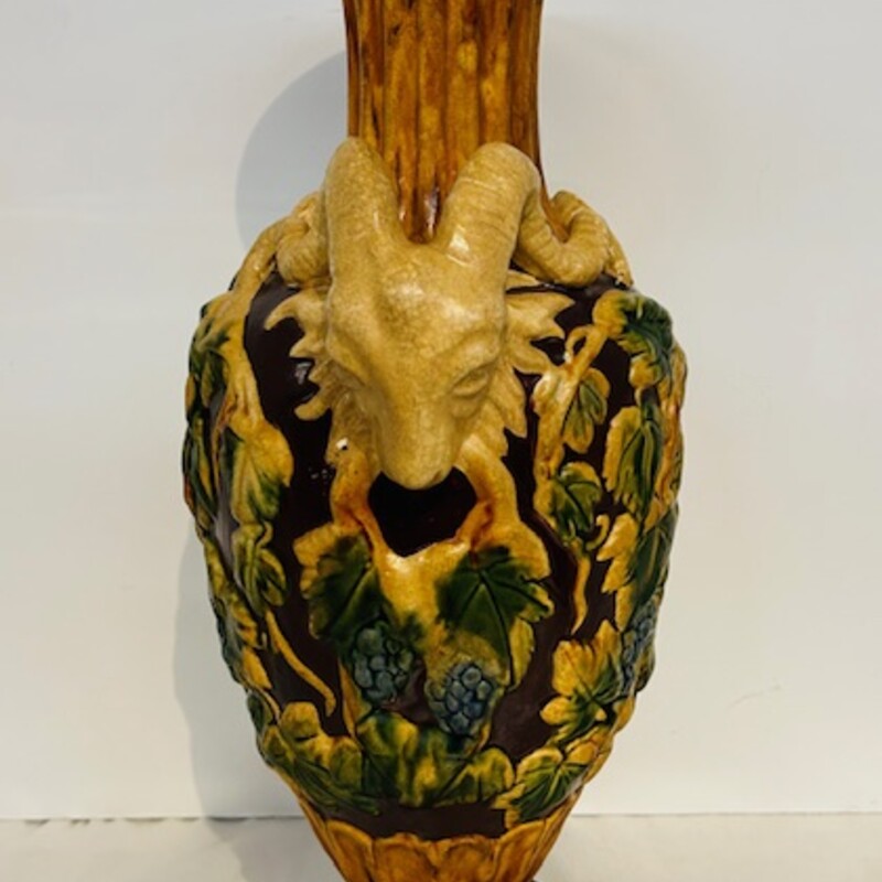 Chinese Ram Head Handles Vase
Tan Golden Green Blue
 Size: 7 x 16H