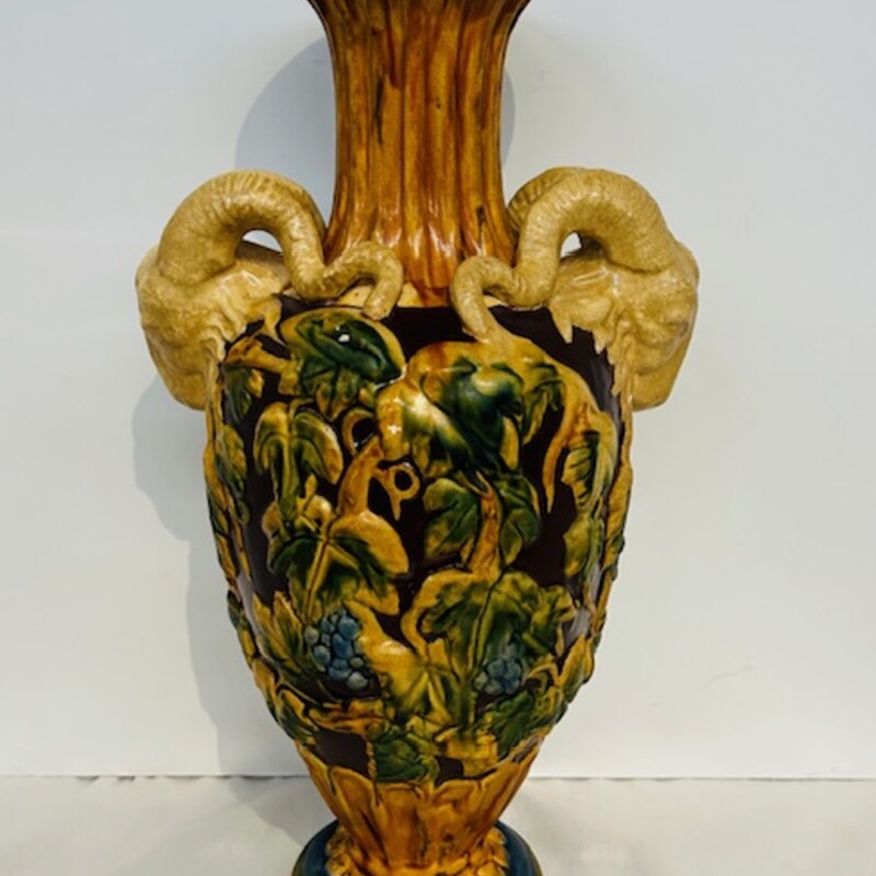 Chinese Ram Head Handles Vase
Tan Golden Green Blue
 Size: 7 x 16H