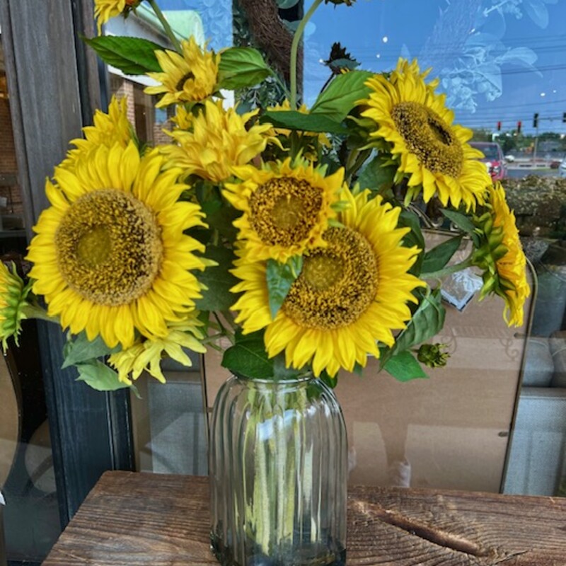 Sunflowers In Glass Jar Vase
Yellow Brown Green
Size: 22 x 31H