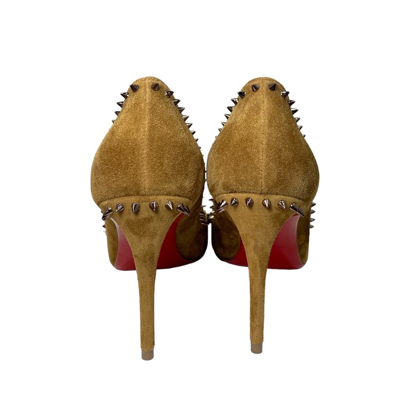 Christian Louboutin Anjalina Veau Velour<br />
In the color Camel<br />
Heel Height: 120MM<br />
Size 39.5<br />
<br />
Brand New Condition, never worn<br />
*does not come with the original box or dust bags*