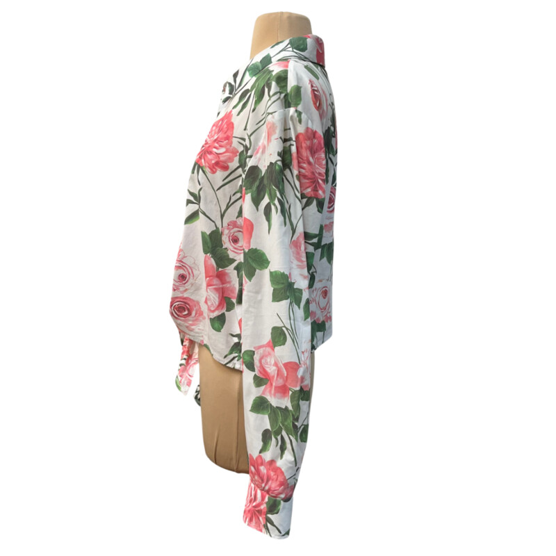 L Agence Rose Print Shirt
Tie Front Detail
Cotton Blend
White with Rose and Green
Size: XL