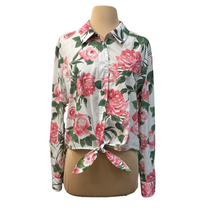 L Agence Rose Print Shirt<br />
Tie Front Detail<br />
Cotton Blend<br />
White with Rose and Green<br />
Size: XL