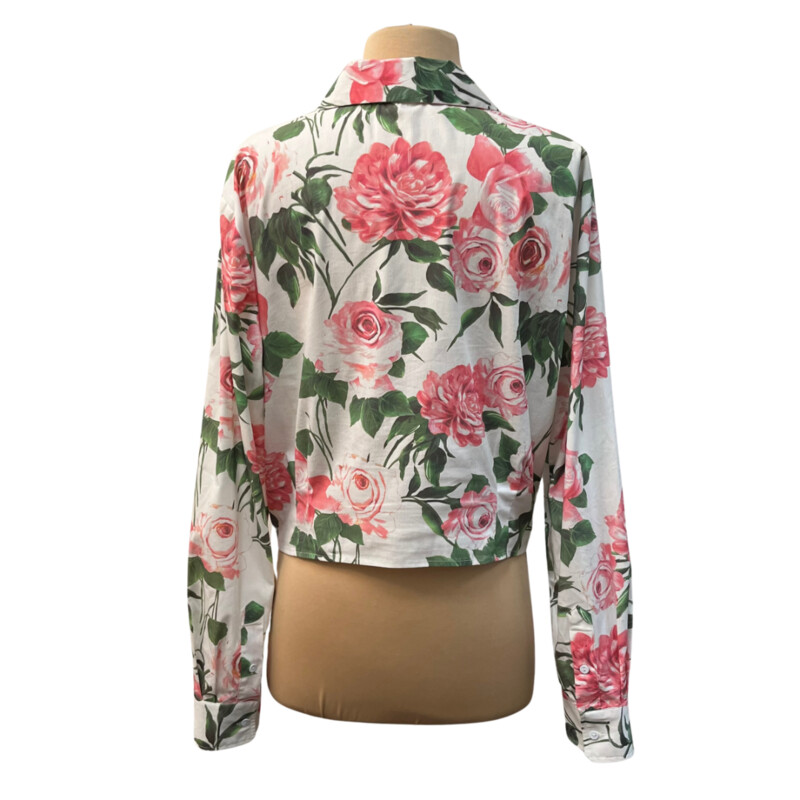 L Agence Rose Print Shirt<br />
Tie Front Detail<br />
Cotton Blend<br />
White with Rose and Green<br />
Size: XL