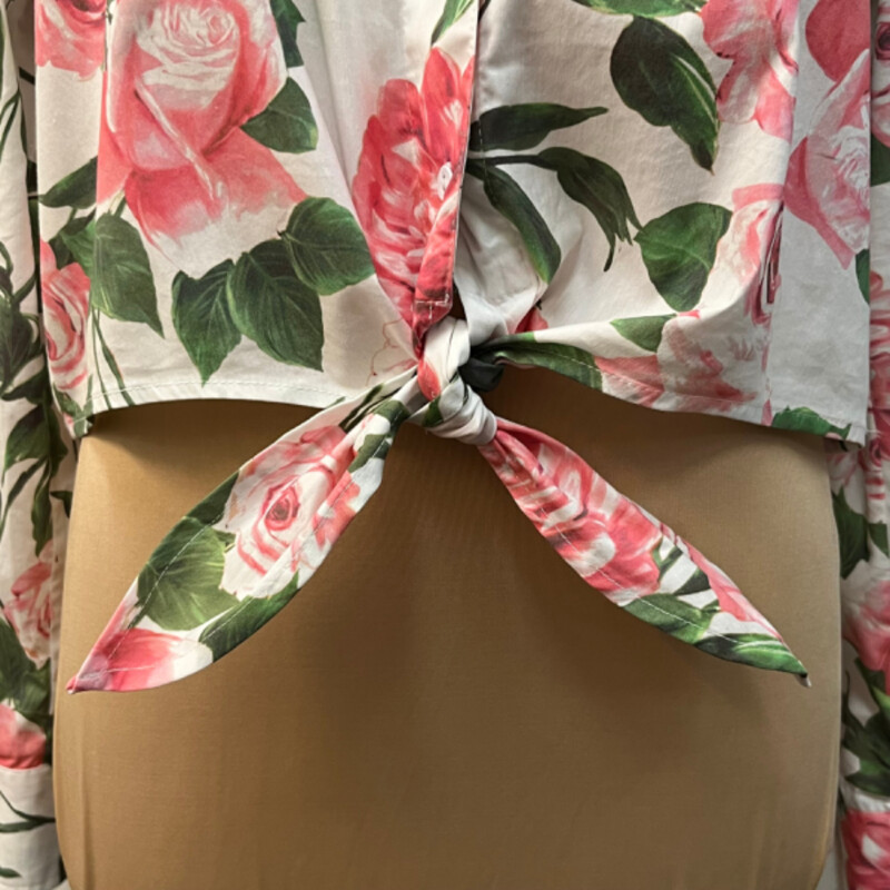 L Agence Rose Print Shirt<br />
Tie Front Detail<br />
Cotton Blend<br />
White with Rose and Green<br />
Size: XL