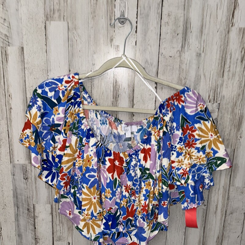 M Blue Floral Ruffled Top