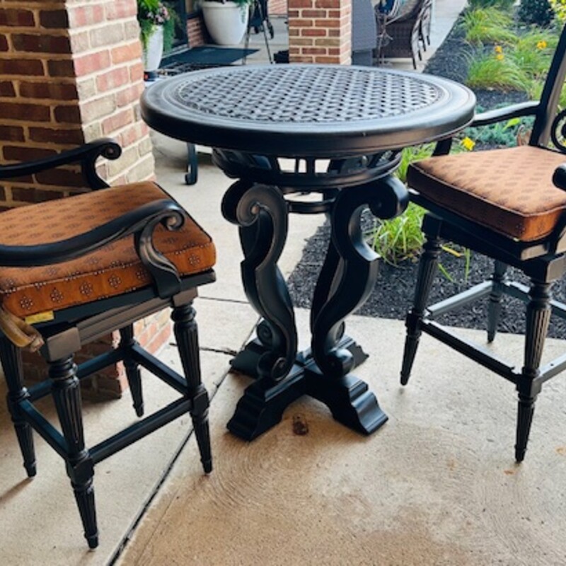 Tommy Bahama Bar Table with 2 Kingstown Swivel Bar Stools<br />
Black Orange<br />
Table Size: 37.5x42H<br />
Bar Stool Size: 25 x 22 x 48H<br />
6 matching bar stools sold separately<br />
Retail $6400