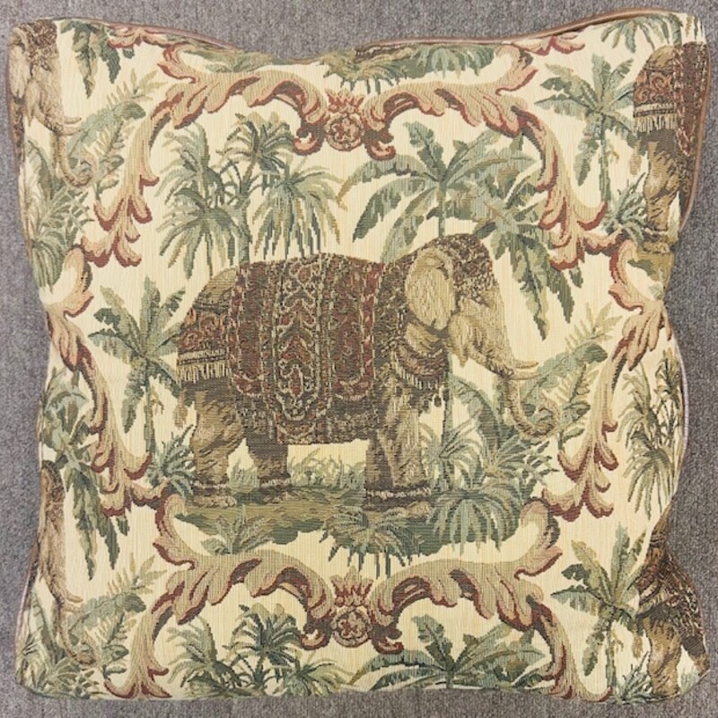 Elephant Leather Tapestry Pillow
Brown Tan Green Red Size: 22 x 22H
Fabric front, leather back