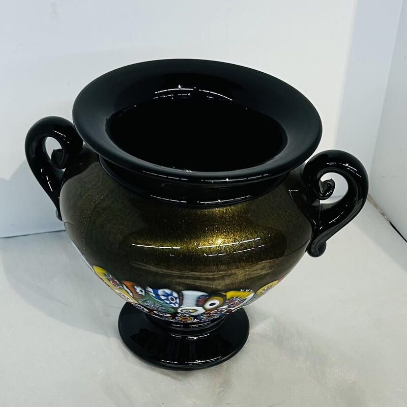 Murano Millefiori Handled Vase
Gold, Black, Multicolor
Size: 8x6H